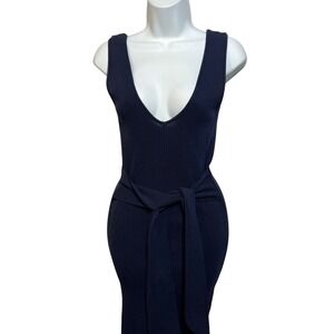 Whyte Valentyne Navy Blue Ribbed Knit V-Neck Tie Waist Maxi Dress Size 8